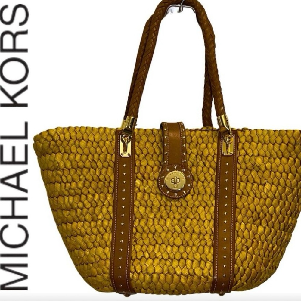 Michael Kors Santorini XXL Tote Tan/Brown Studded with Gold-Tone Hardware